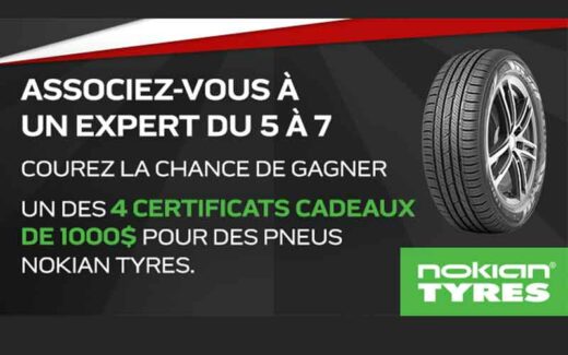 4 certificats-cadeaux Nokian Tyres de 1000 $ chacun