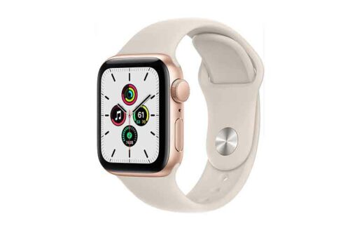 Une Apple Watch SE + boîtier en aluminium doré avec bracelet