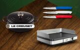 Une plancha - une cocotte Le Creuset et un coffret de couteaux